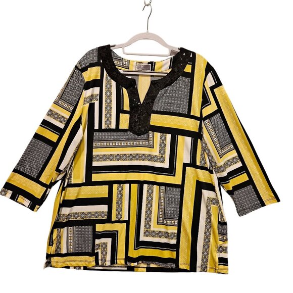 JM Collections Tunic Blouse Womens XL Yellow Black White Geometric Design - Picture 1 of 11